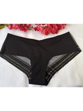 VICTORIA'S SECRET M BLACK GOLD SHIMMER TRIM SILKY MESH BACK CHEEKY PANTIES NWT
